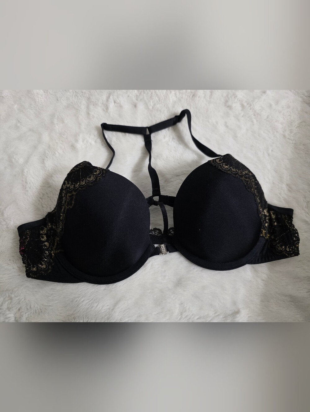 La SENZA Black abr Gold Lace-Trim Push-Up Bra, T- Back, Front Close